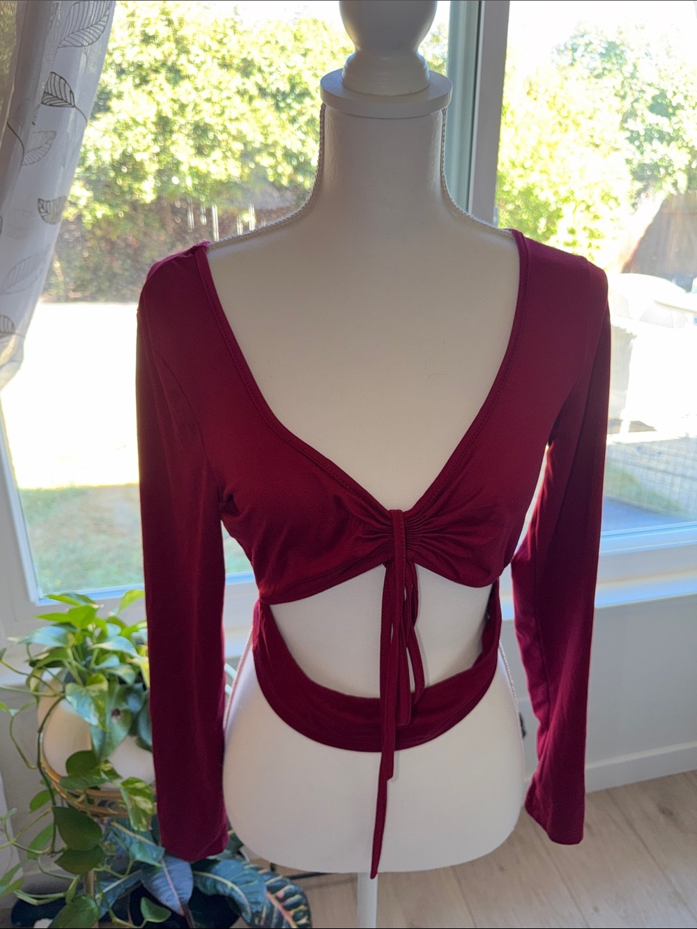 Long Sleeve Tie-Front Crop Top in Burgundy